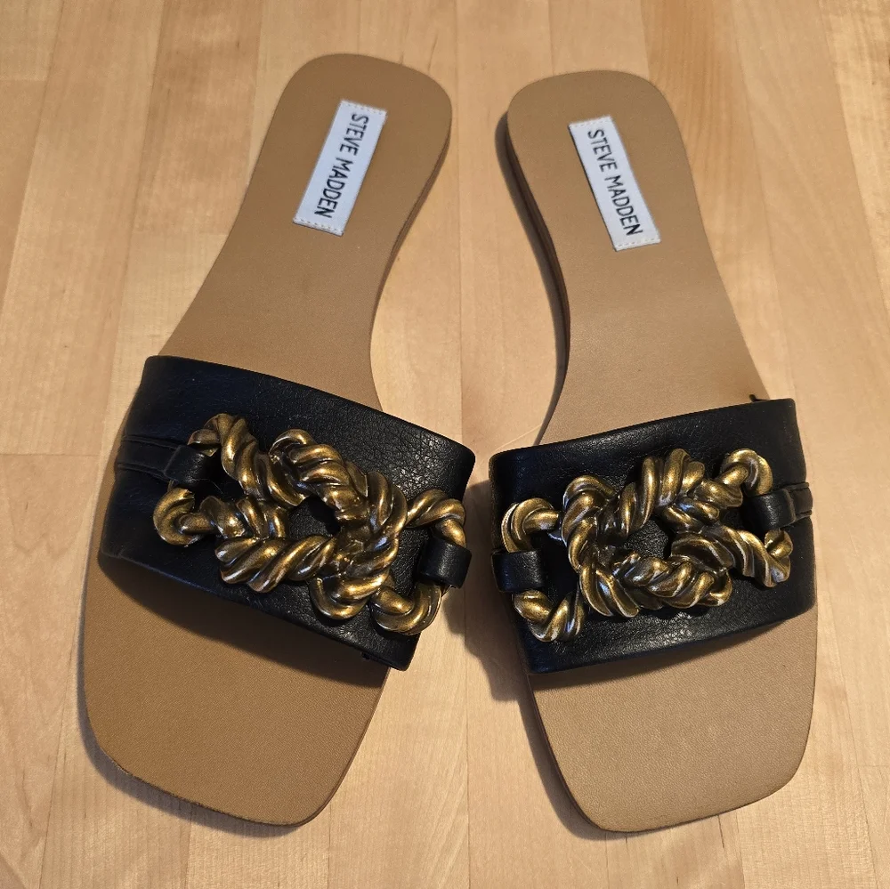 Steve Madden Ilana Black Chunky Gold Slide Sandals Size 9M NEW